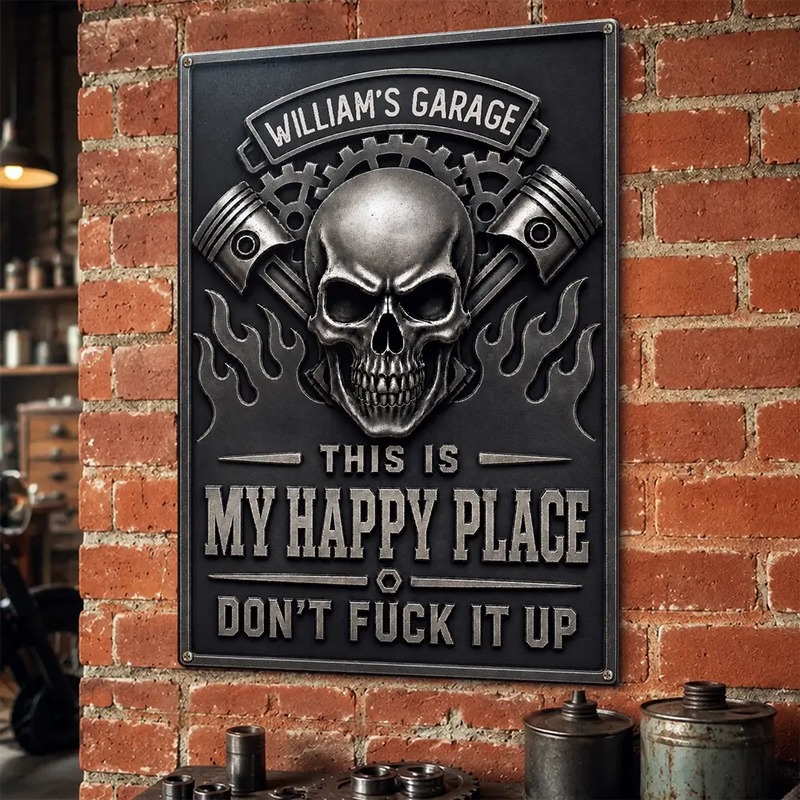 Humorous,Gift For Men,Gift For Yourself,Garage,Outdoor Decor,Custom Text - This Is My Happy Place Garage - Personalized Classic Metal Signs