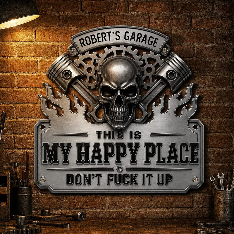 Top Market,Humorous,Gift For Men,Gift For Yourself,Garage,Outdoor Decor,Custom Text - This Is My Happy Place Garage - Personalized Custom Shaped Metal Sign