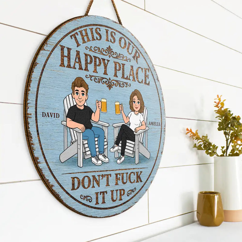 Humorous,Gift For Couples,Vector - This Is Our Happy Place Retro Cartoon Couple - Personalized Custom Shaped Wood Sign