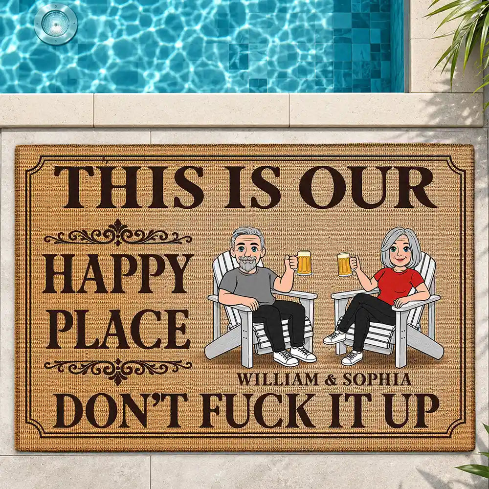 Top Market,Humorous,Old Couples,Gift For Couples,Vector - This Is Our Happy Place Retro Cartoon Couple - Personalized Doormat