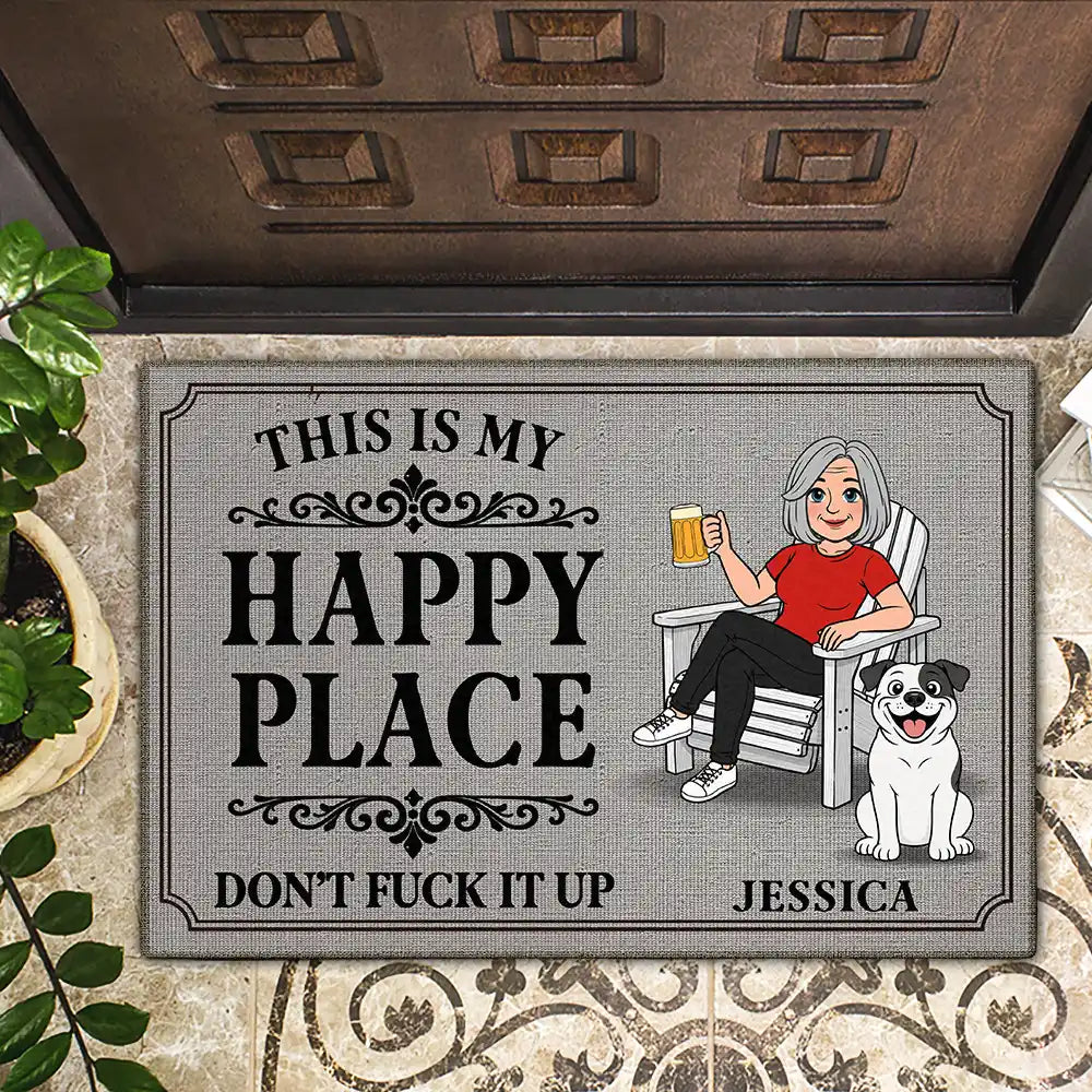 Pet Couple,Humorous,Pet Lovers,Gift For Couples,Vector - This Is Our Happy Place Retro Cartoon Couple Dog Cat - Personalized Doormat