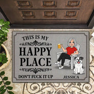 Pet Couple,Humorous,Pet Lovers,Gift For Couples,Vector - This Is Our Happy Place Retro Cartoon Couple Dog Cat - Personalized Doormat