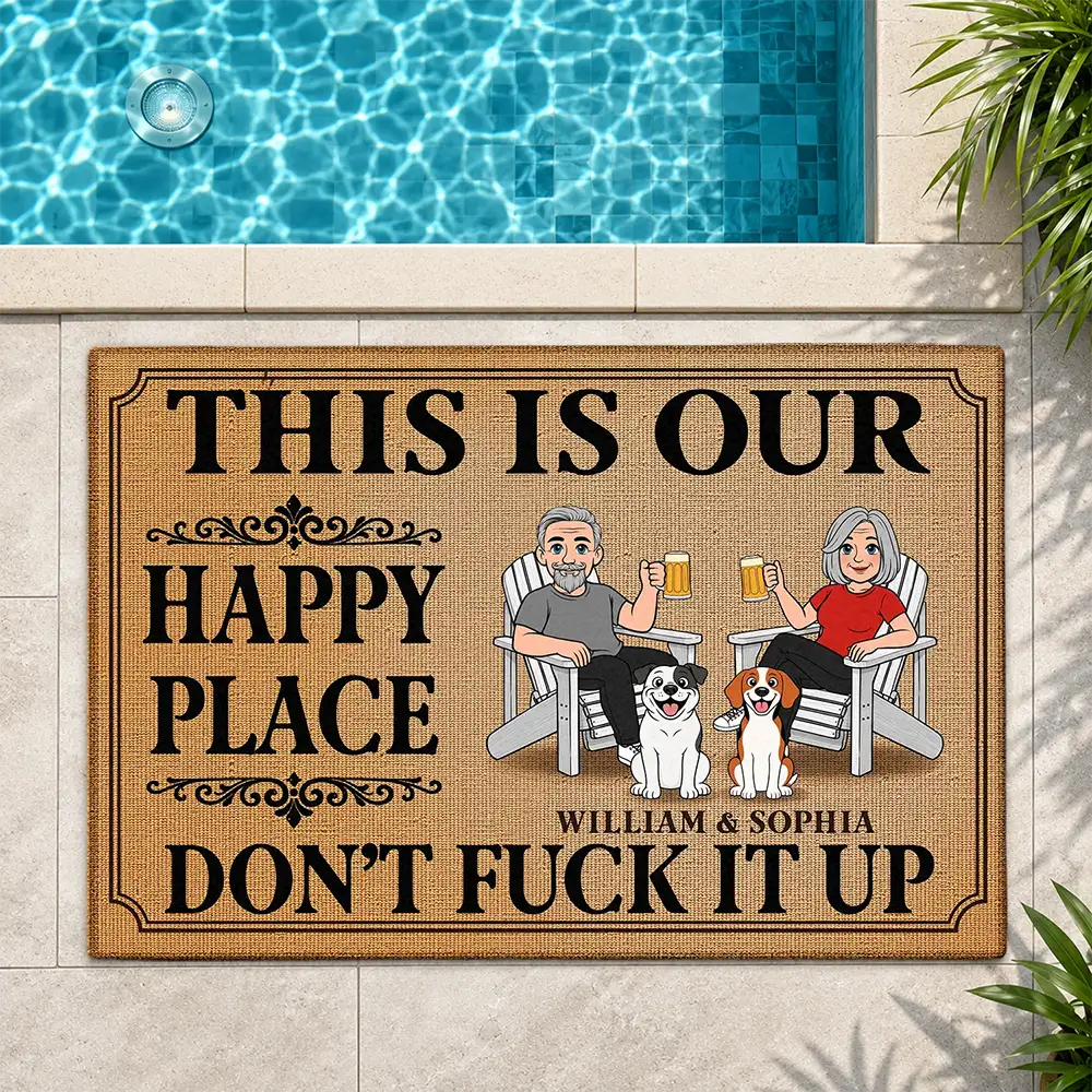 Pet Couple,Humorous,Pet Lovers,Gift For Couples,Vector - This Is Our Happy Place Retro Cartoon Couple Dog Cat - Personalized Doormat