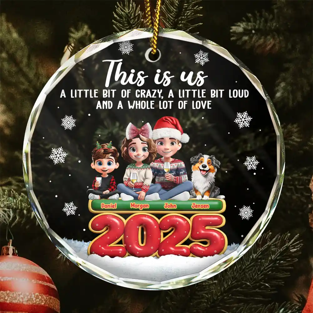 Gift For Couples,Family,Parents,Christmas,Pet Couple - This Is Us Couple With Kids And Dogs Cats 3D Effect - Personalized Circle Glass Ornament