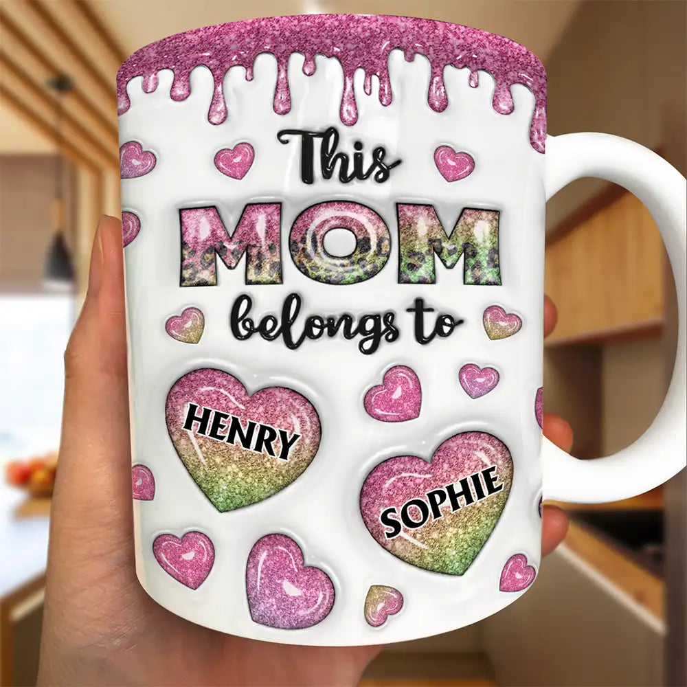 This Mom Grandma Belongs To Heart Icon - 3D Inflated Effect Printed, Personalized White Edge-to-Edge Mug