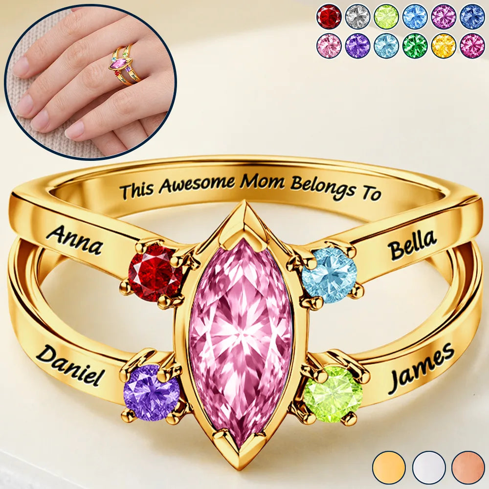 Gift For Women,Gift For Yourself,Gift For Mother,Love,Happy,Gift For Grandma,Non-Eng - This Awesome Mom Belongs Engraved With Kids Name Gemstones - Personalized Birthstone Ring