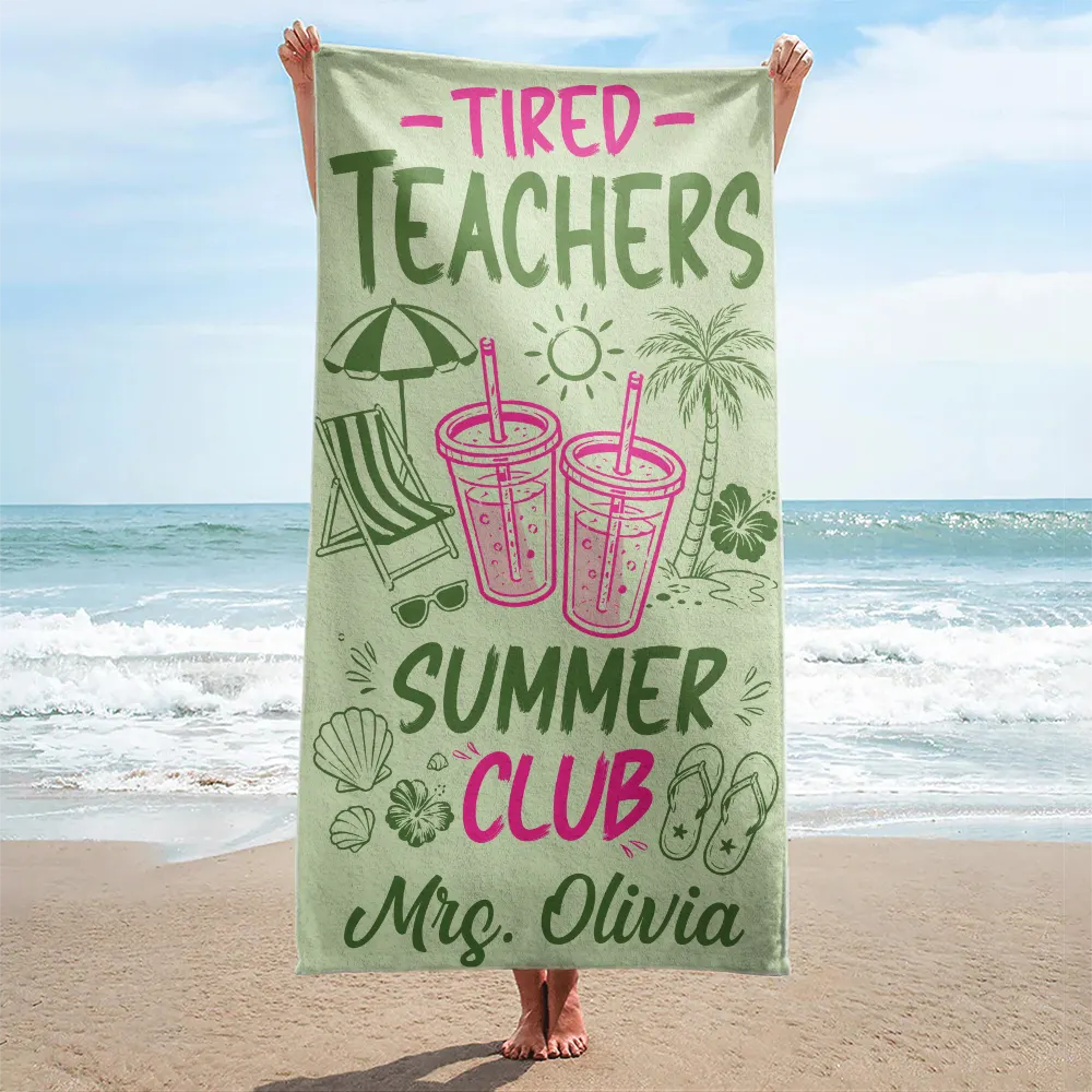 Beach,Summer,Top Market,Teacher,Humorous,Custom Text - Tired Teacher Summer Club - Personalized Beach Towel