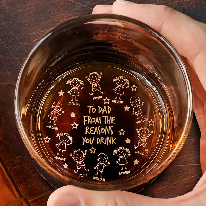 Gift For Father, Gift For Grandpa, Happy - To Dad From The Reasons You Drink Stick Figures - Personalized Engraved Whiskey Glass