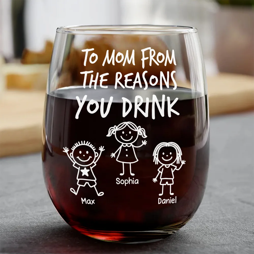 To Mom Dad From The Reasons You Drink Stick Figures Kid Pet - Personalized Stemless Wine Glass
