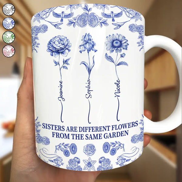 Gift For Sibling, Gift For Sisters, Love - Toile De Jouy Birth Flower Sisters From The Same Garden - Personalized White Edge-to-Edge Mug