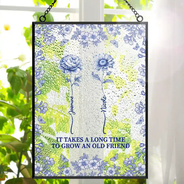 Gift For Bestie,Love - Toile De Jouy Butterfly Birth Flower Grow An Old Friend - Personalized Vertical Stained Glass Suncatcher