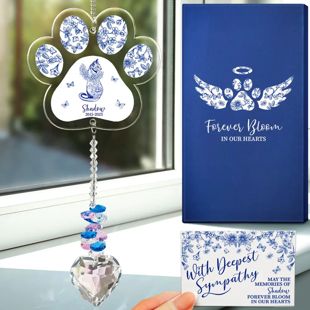 Cat Lovers,Cat Mom,Cat Dad,Pet Lovers,Pet Mom,Pet Dad,Memorial,Sad - Toile De Jouy Cat Forever Bloom - Personalized Heart Crystal Suncatcher
