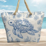 Gift For Grandma,Summer,Grateful,Icon - Toile De Jouy Sea Turtle - Personalized Beach Bag