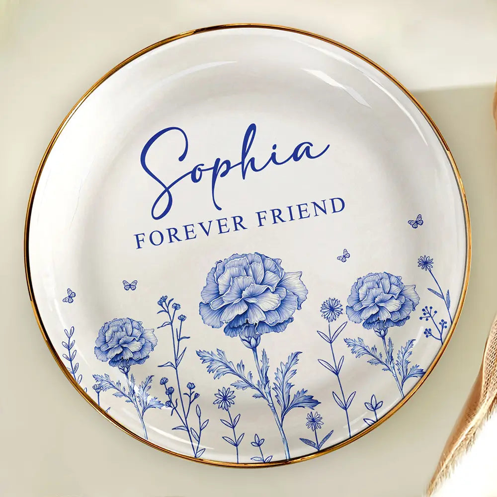 Gift For Bestie - Toile Birth Flower Forever Friend - Personalized Round Ring Dish