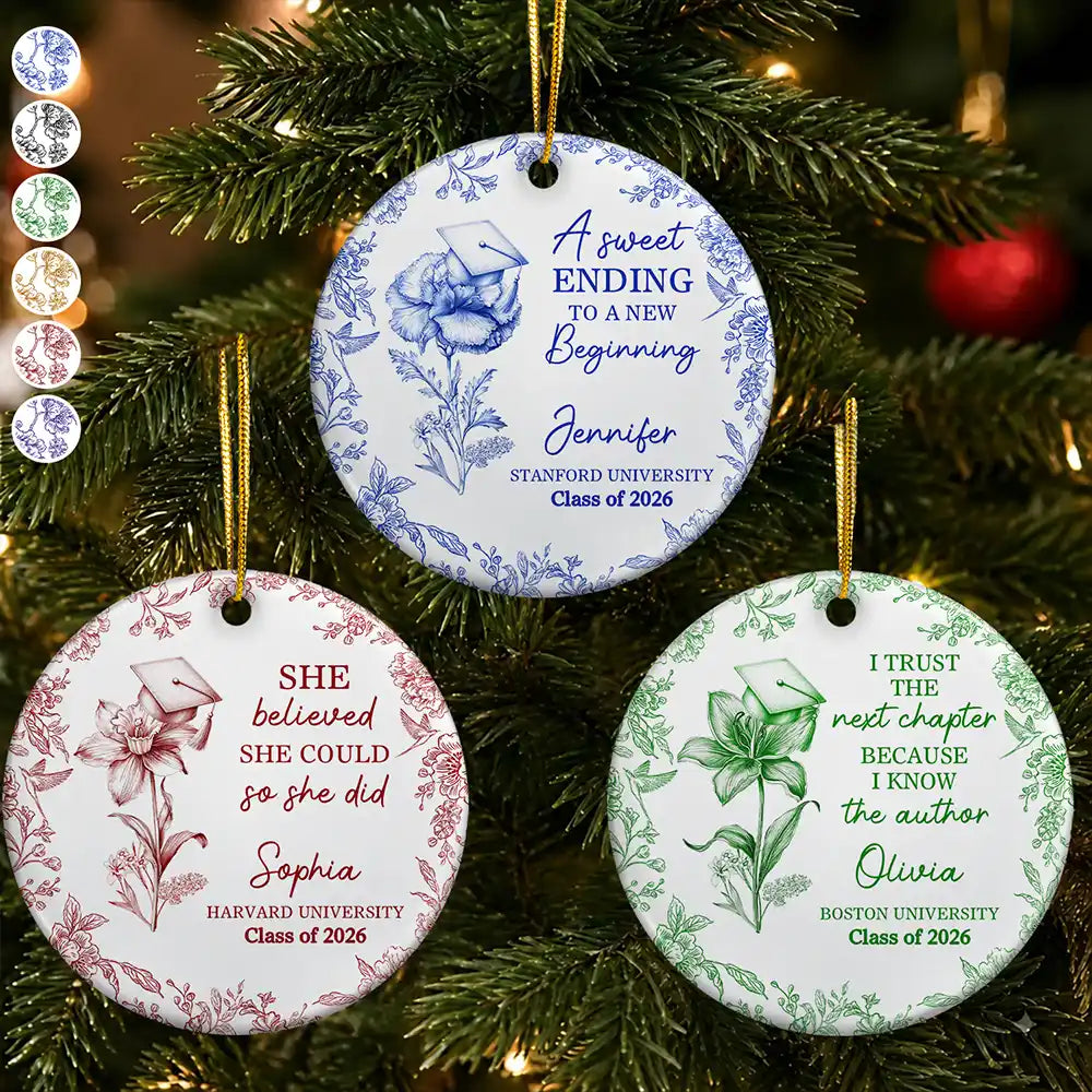Toile Birth Month Flower Congrats Grad - Personalized Circle Ceramic Ornament