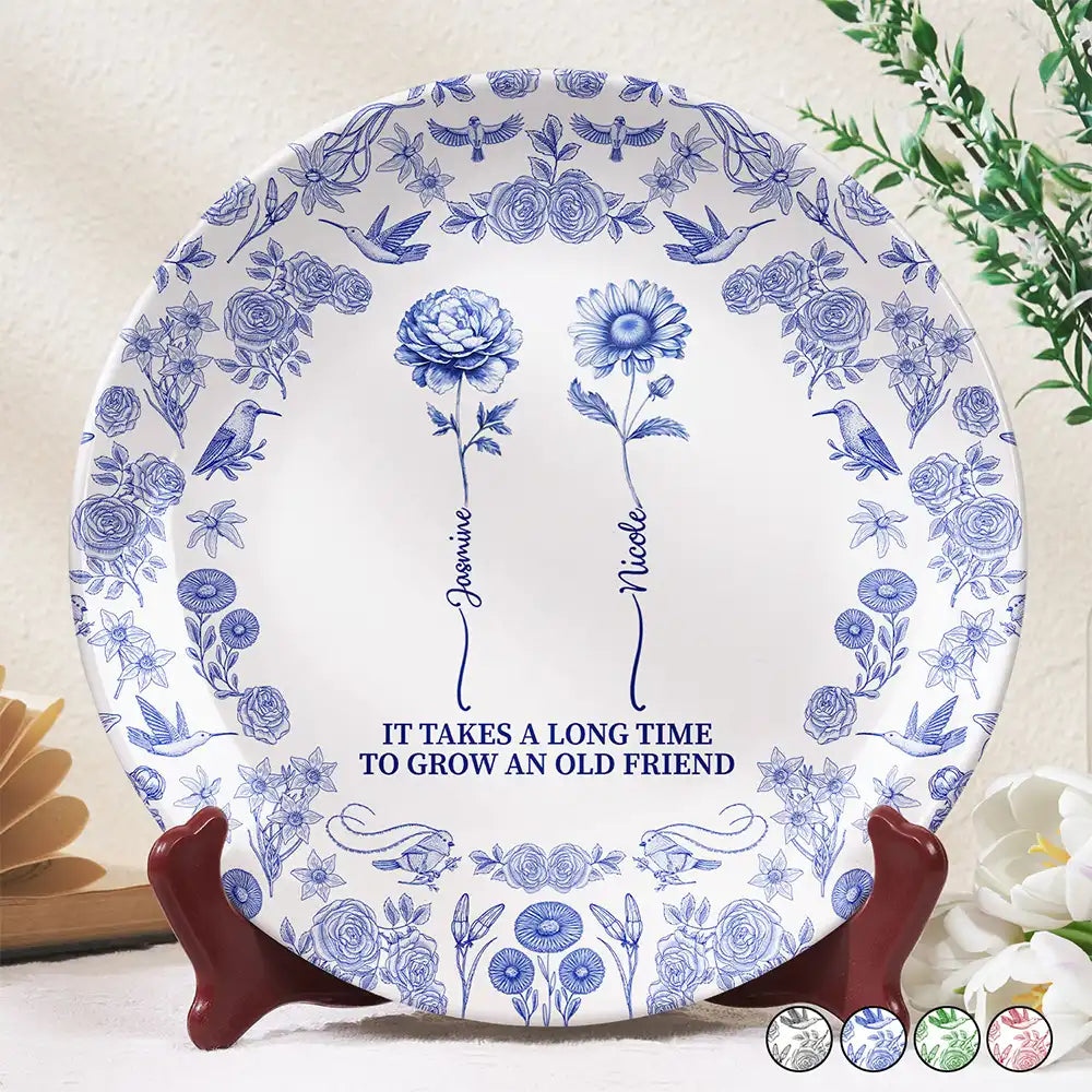 Gift For Yourself,Gift For Women,Gift For Bestie,Old Best friends,Love - Toile De Jouy Birth Flower Grow An Old Friend - Personalized Ceramic Plate