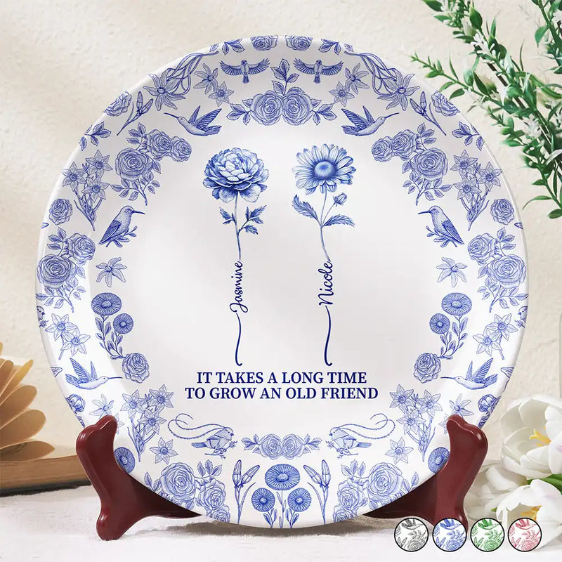 Gift For Yourself,Gift For Women,Gift For Bestie,Old Best friends,Love - Toile De Jouy Birth Flower Grow An Old Friend - Personalized Ceramic Plate
