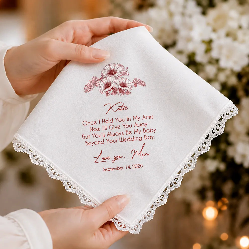 Sentimental,Gift For Children,Gift For Daughter,Wedding,Icon,Custom Text - Toile De Jouy Blue Wedding Birth Flower Bridal For Daughter - Personalized Handkerchief
