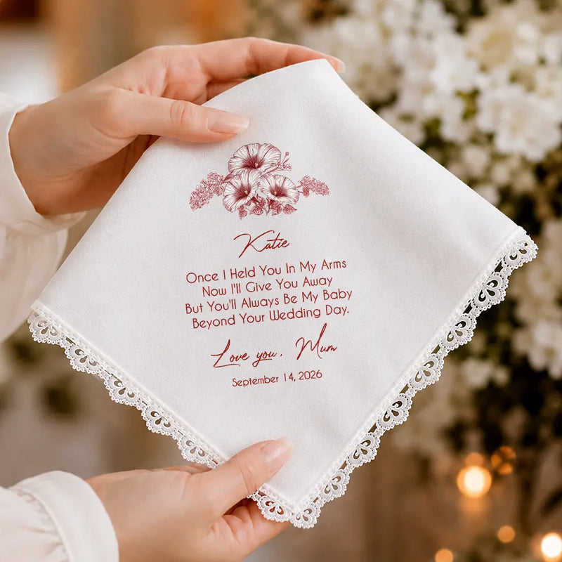 Sentimental,Gift For Children,Gift For Daughter,Wedding,Icon,Custom Text - Toile De Jouy Blue Wedding Birth Flower Bridal For Daughter - Personalized Handkerchief