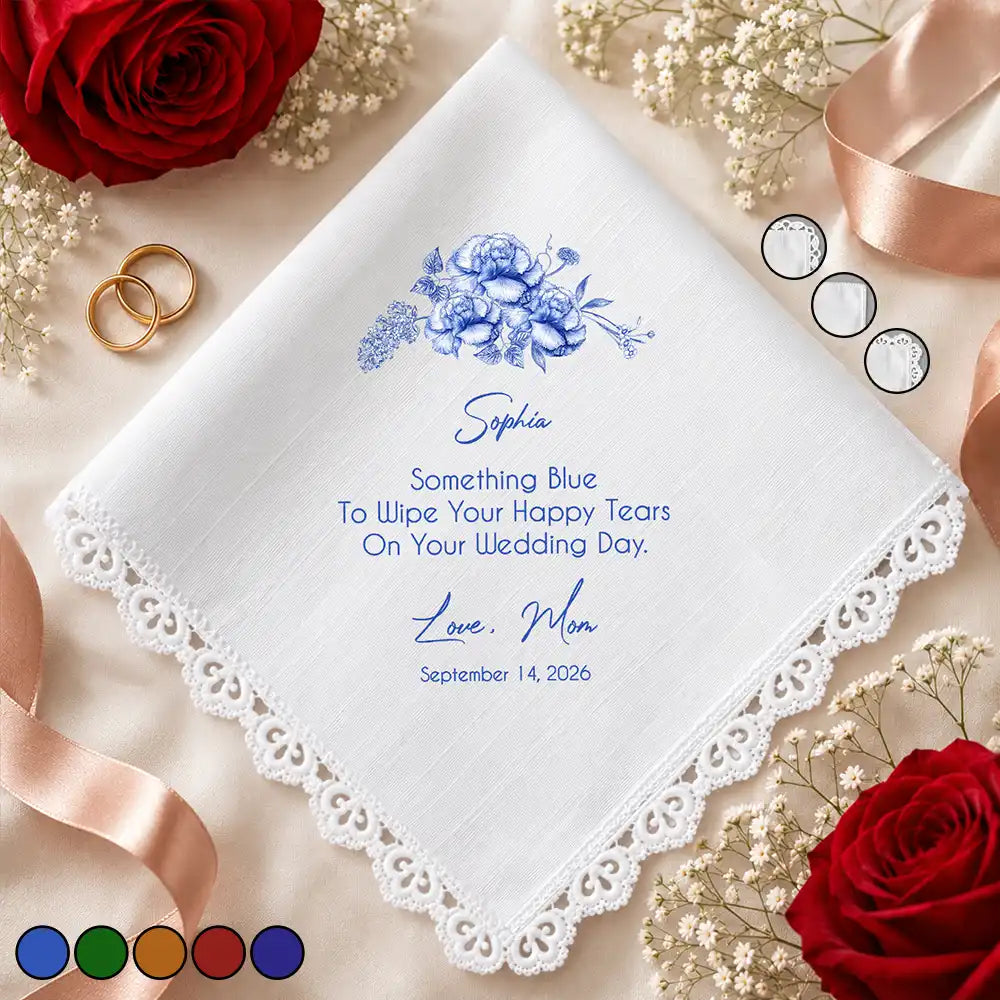 Toile De Jouy Blue Wedding Birth Flower Bridal For Daughter - Personalized Handkerchief