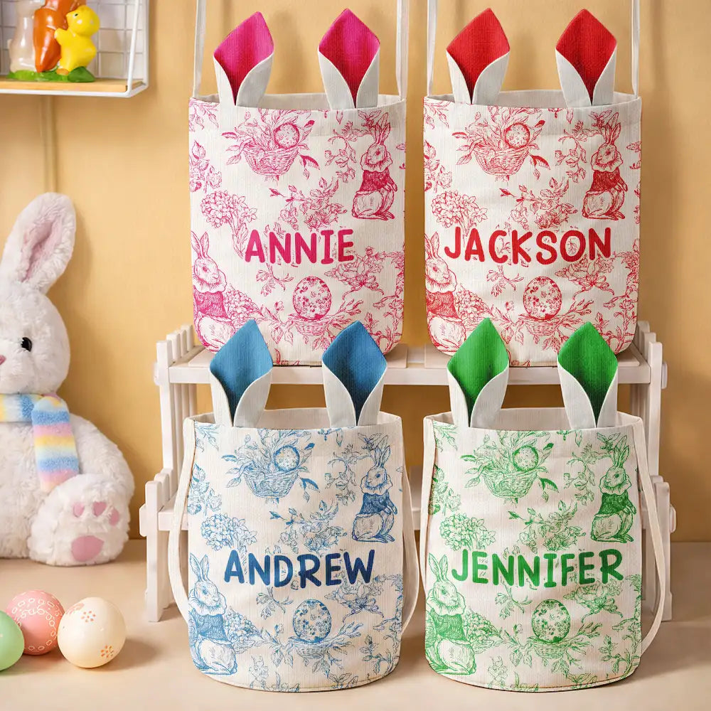 Easter,Non-Eng,Gift For Kids,Gift For Grandkids,Grandma - Grandkids,Grandpa - Grandkids,Dad - Children,Mom - Children,Happy - Toile De Jouy Bunny Pattern - Personalized Bunny Ears Bucket Bag