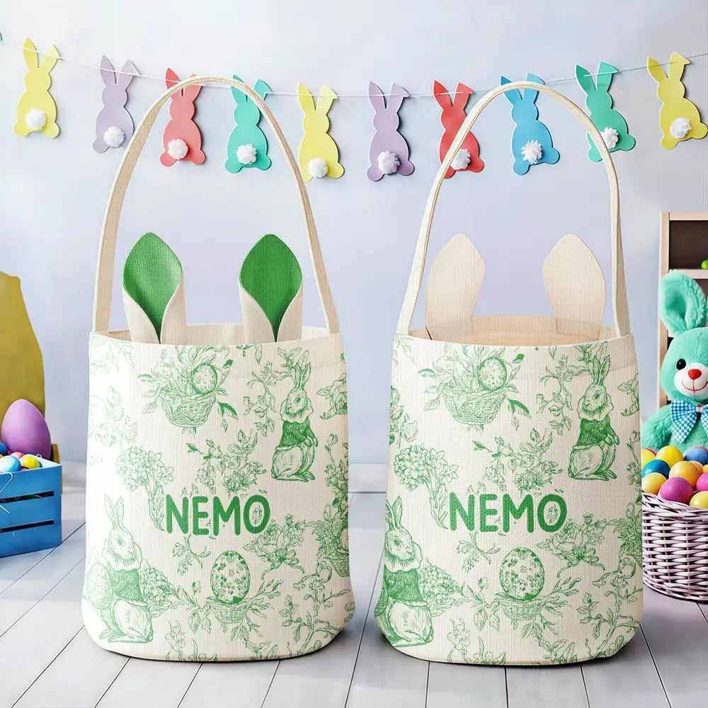 Easter,Non-Eng,Gift For Kids,Gift For Grandkids,Grandma - Grandkids,Grandpa - Grandkids,Dad - Children,Mom - Children,Happy - Toile De Jouy Bunny Pattern - Personalized Bunny Ears Bucket Bag