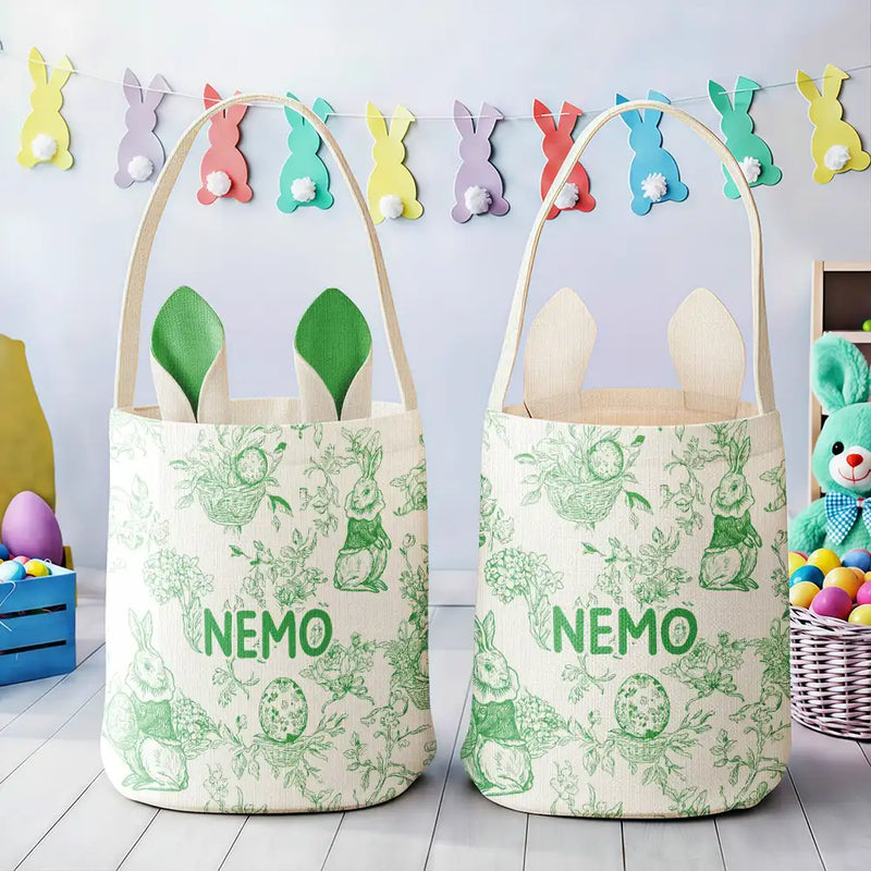 Easter,Non-Eng,Gift For Kids,Gift For Grandkids,Grandma - Grandkids,Grandpa - Grandkids,Dad - Children,Mom - Children,Happy - Toile De Jouy Bunny Pattern - Personalized Bunny Ears Bucket Bag
