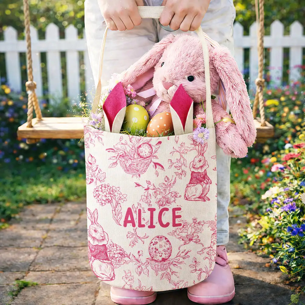 Easter,Non-Eng,Gift For Kids,Gift For Grandkids,Grandma - Grandkids,Grandpa - Grandkids,Dad - Children,Mom - Children,Happy - Toile De Jouy Bunny Pattern - Personalized Bunny Ears Bucket Bag