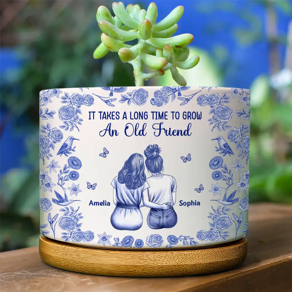 Gift For Bestie,Happy - Toile De Jouy Grow An Old Friend - Personalized Ceramic Plant Pot