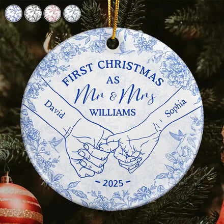 Toile De Jouy Holding Hands First Christmas Couple - Personalized Circle Ceramic Ornament