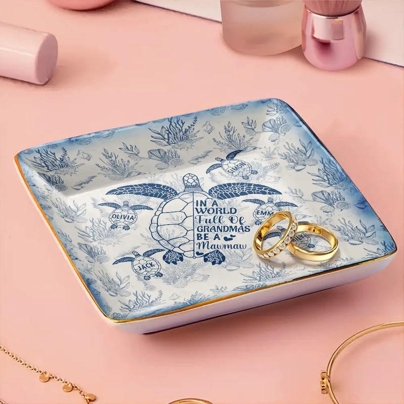 Gift For Yourself,Gift For Women,Gift For Grandma,Love - Toile De Jouy Sea Turtle World Full Of Grandmas - Personalized Ring Dish