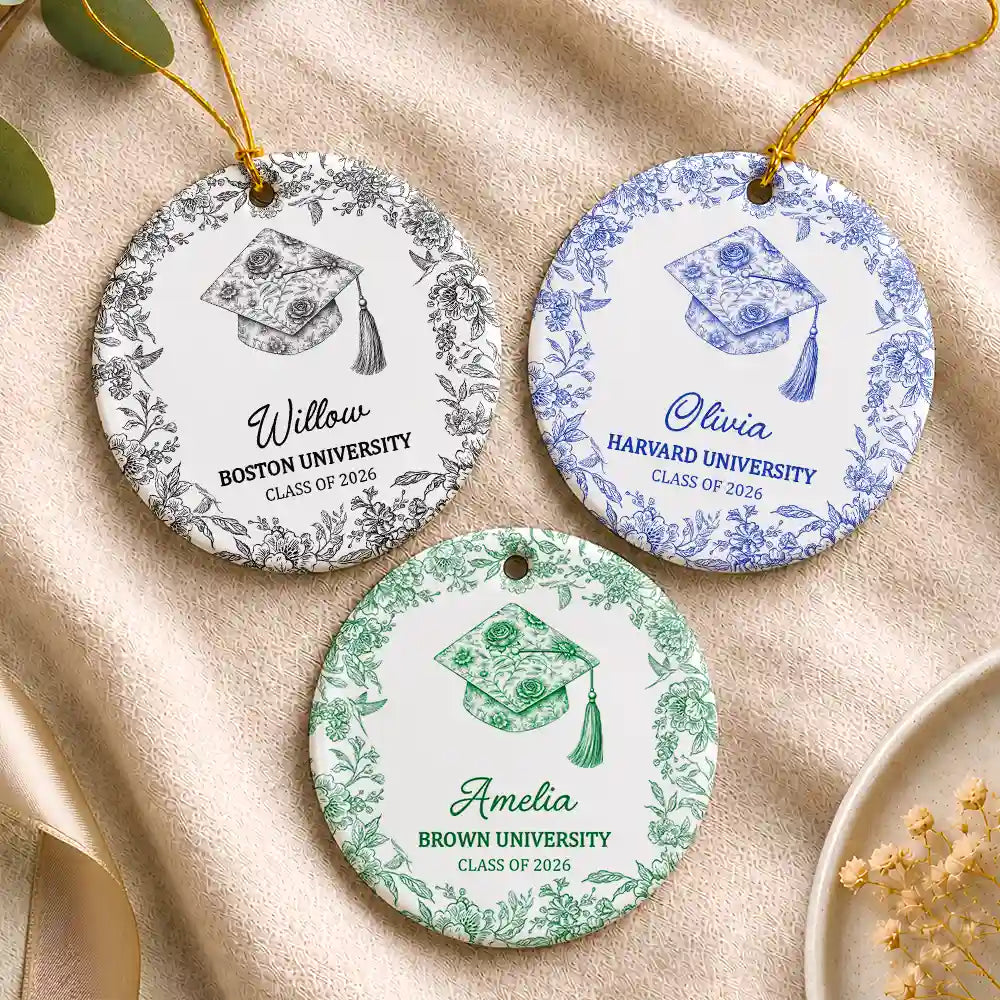 Gift For Children,Christmas,Proud,Graduation,Gift For Daughter,Custom Text - Toile Graduation Cap Congrats For Daughters Besties - Personalized Circle Ceramic Ornament