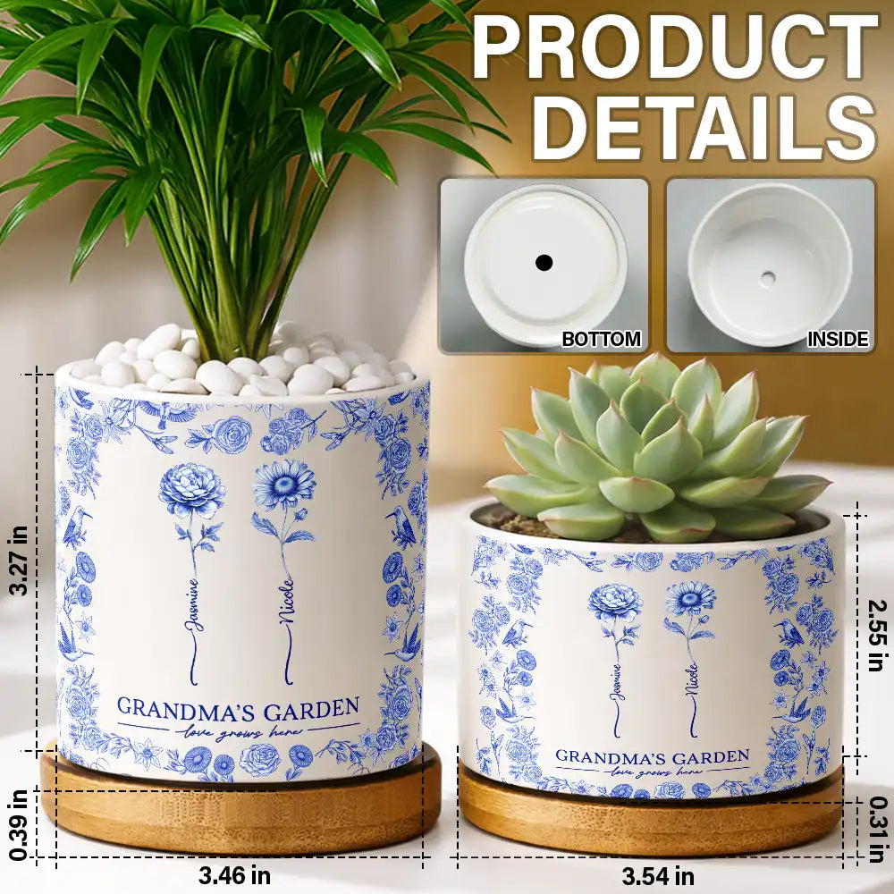 Toile De Jouy Birth Flower Grandma's Garden - Personalized Ceramic Plant Pot