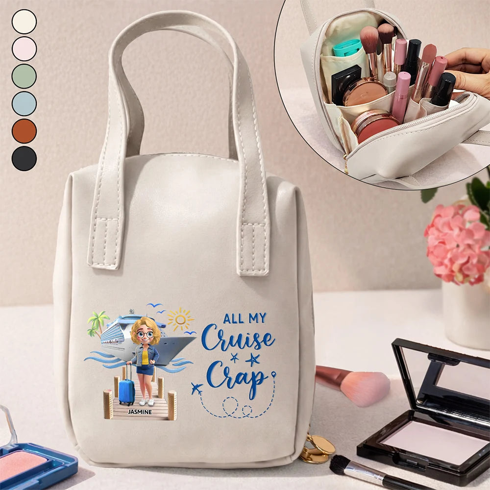 Travel All My Cruise Crap - Personalized Leather Makeup Bag With Handle