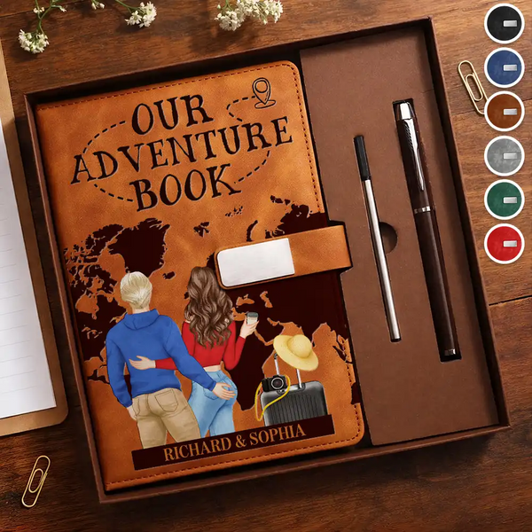 Gift For Couples,Old Couples,Gift For Husband,Gift For Wife,Gift For Boyfriend,Gift For Girlfriend,LGBT,Love,Travel - Travel Couple Our Adventure Book - Personalized Leather Notebook Set