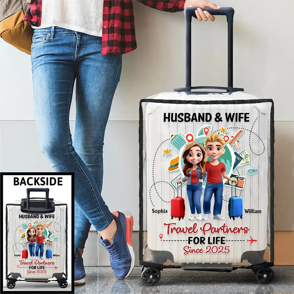 Travel Couple Travel Partners For Life 3D Effect - Personalized Clear Luggage Cover