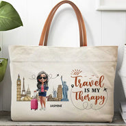 Travel,Gift For Yourself,Happy - Travel Is My Therapy - Personalized Leather Handle Tote Bag