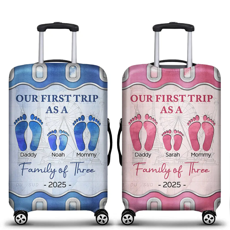 Family,Gift For Couples,Happy - Travel Our First Trip As A Family Of Four Footprints - Personalized Luggage Cover