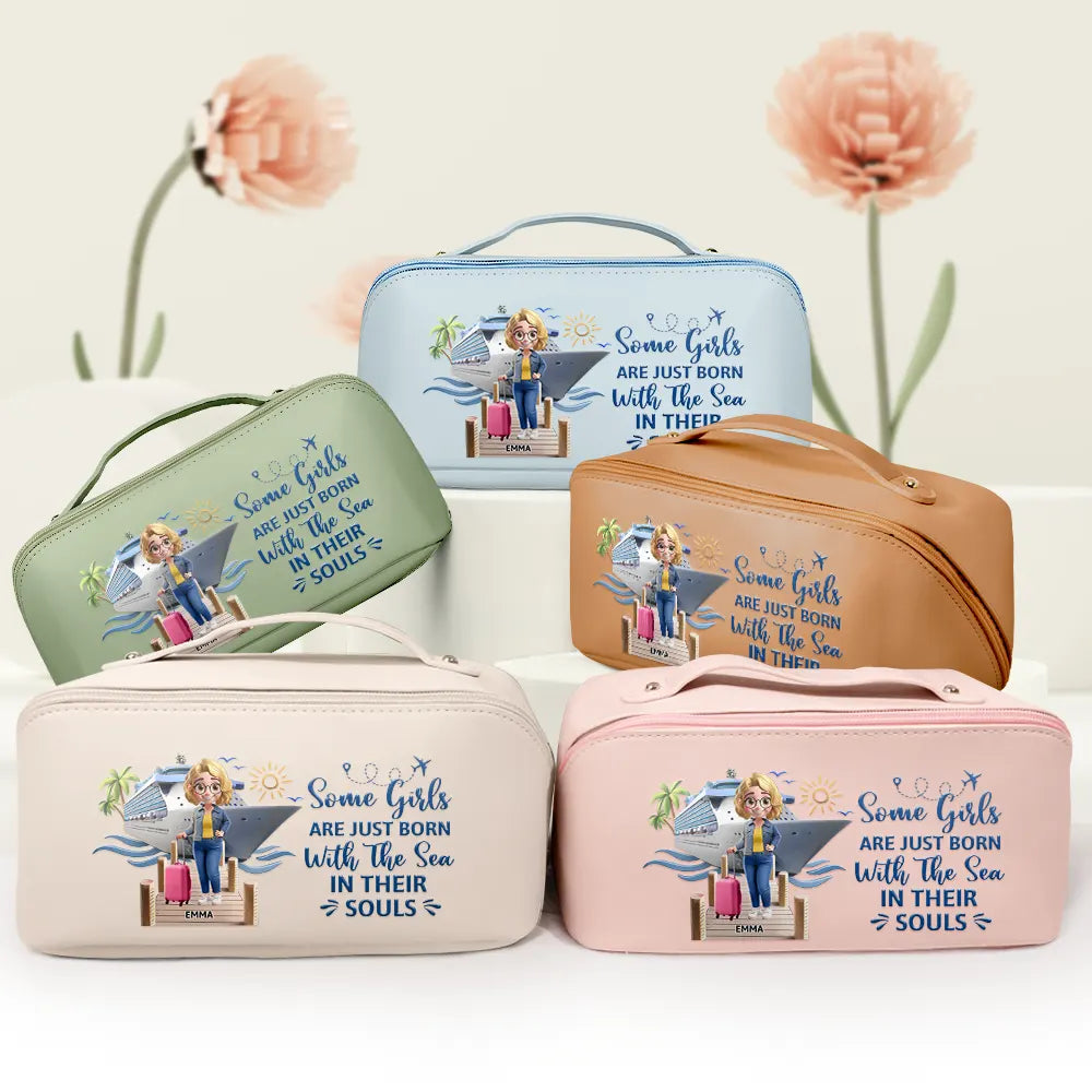 Gift For Bestie, Best friends' Hobby, Cruising, Beach, Summer, Happy - Traveling Girls Trip All My Cruise Crap Besties Cruising - Personalized Leather Makeup Bag