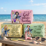 Gift For Yourself, Gift For Women, Summer, Travel, Humorous, Vector - Travelling And She Lived Happily Ever After - Personalized Striped Cosmetic Bag