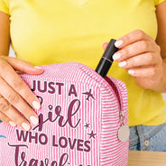 Gift For Yourself, Gift For Women, Summer, Travel, Humorous, Vector - Travelling And She Lived Happily Ever After - Personalized Striped Cosmetic Bag
