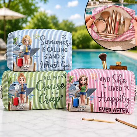 Travelling And She Lived Happily Ever After - Personalized Striped Cosmetic Bag