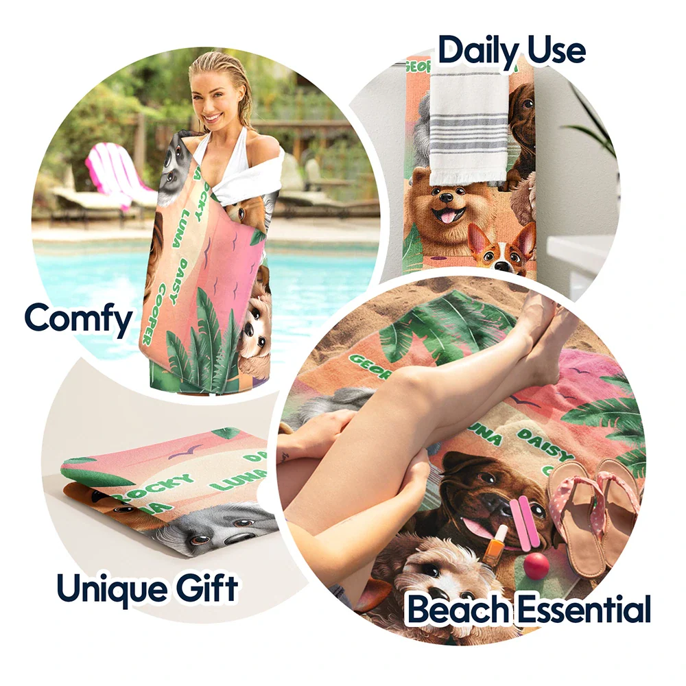 Pet Lovers,Pet Mom,Pet Dad,Dog Lovers,Dog Mom,Dog Dad,Beach,Summer - Tropical Dogs Make Life Better - Personalized Beach Towel