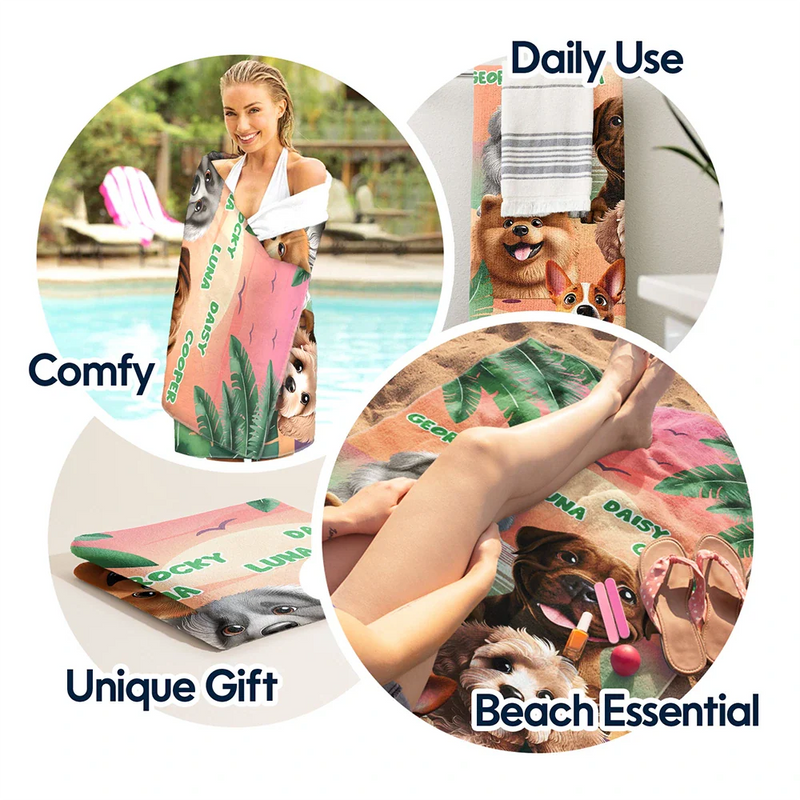 Pet Lovers,Pet Mom,Pet Dad,Dog Lovers,Dog Mom,Dog Dad,Beach,Summer - Tropical Dogs Make Life Better - Personalized Beach Towel