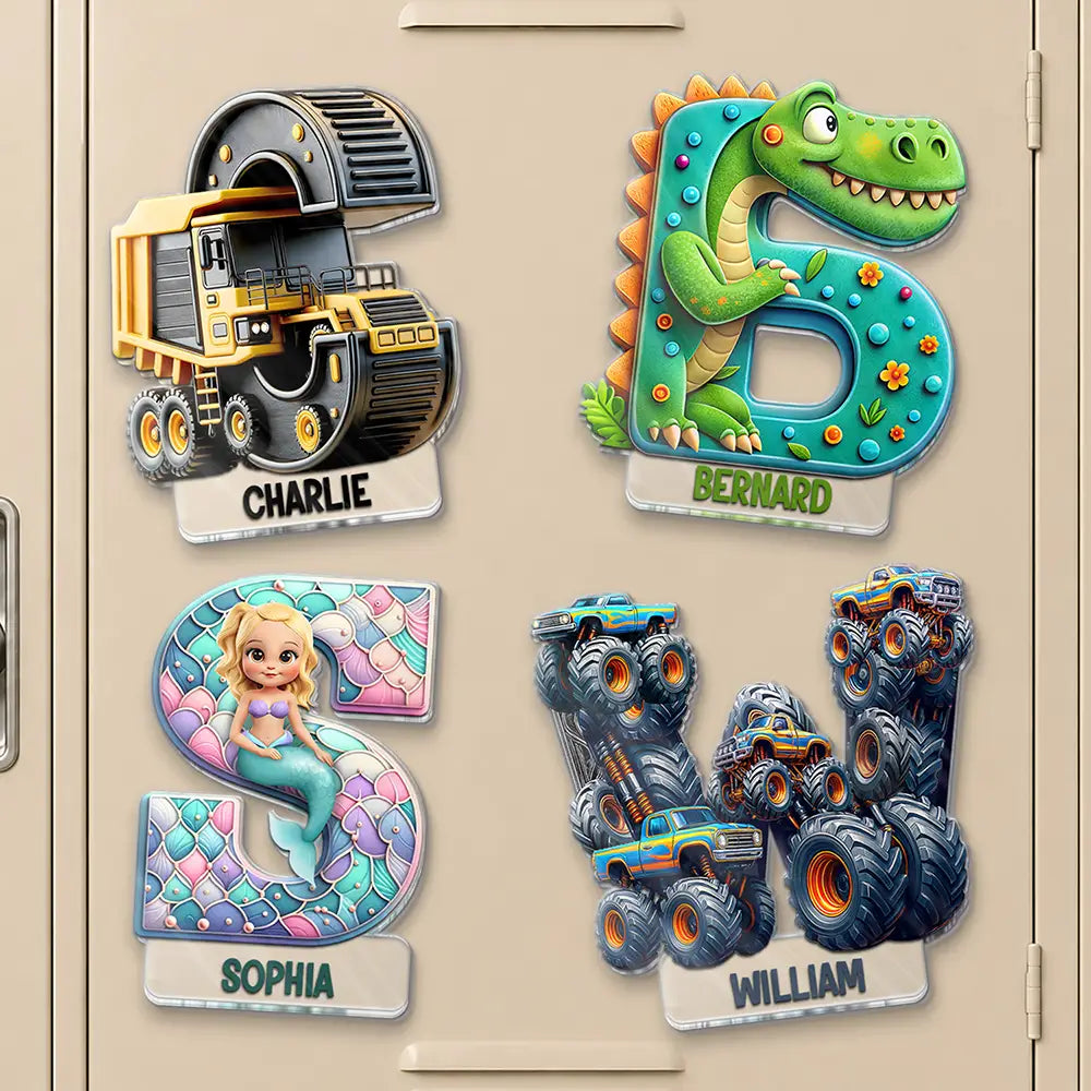 Adorable, Back To School, Gift For Kids, Icon - Truck Car Dinosaur Mermaid Alphabet - Personalized Acrylic Magnet