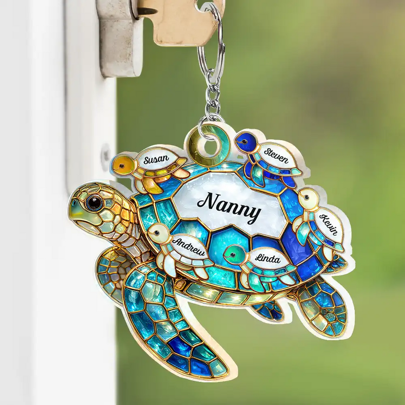 Gift For Grandma,Grandma - Grandkids,Gift For Mother,Beach,Happy - Turtle Stained Glass Mom Grandma - Personalized Acrylic Keychain