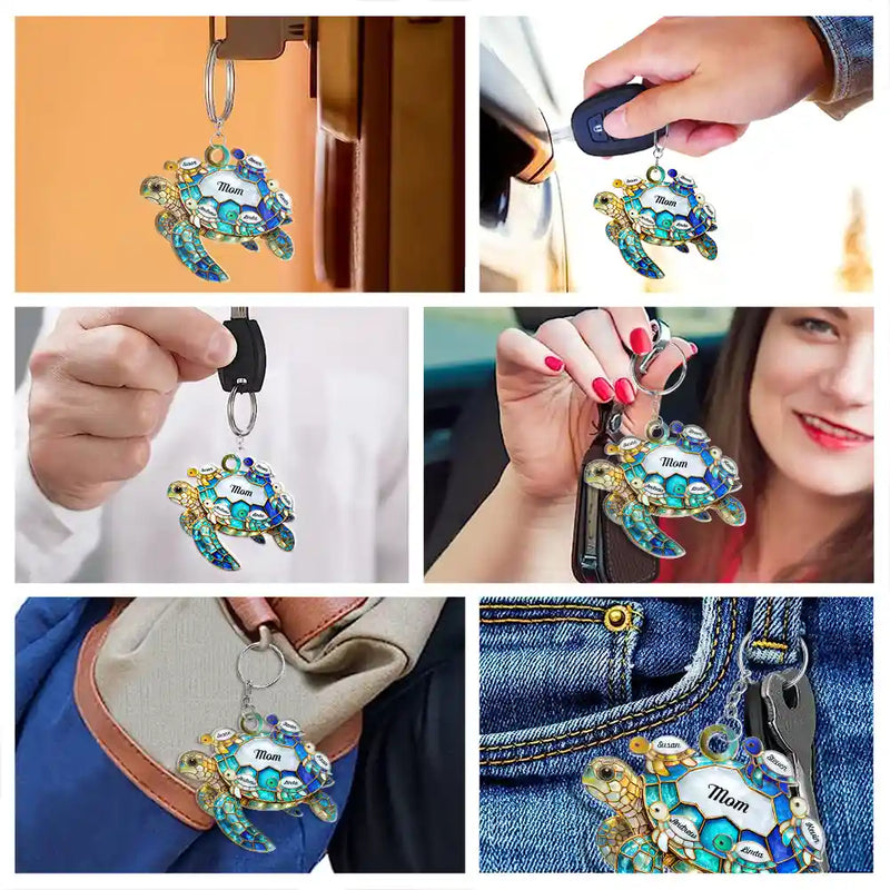 Gift For Grandma,Grandma - Grandkids,Gift For Mother,Beach,Happy - Turtle Stained Glass Mom Grandma - Personalized Acrylic Keychain