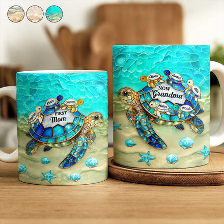 Turtle First Mom Now Grandma Stained Glass Effect - Personalized White Edge-to-Edge Mug