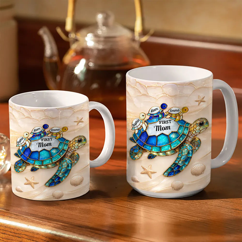 Gift For Grandma,Summer,Grateful,Icon - Turtle First Mom Now Grandma Stained Glass Effect - Personalized White Edge-to-Edge Mug