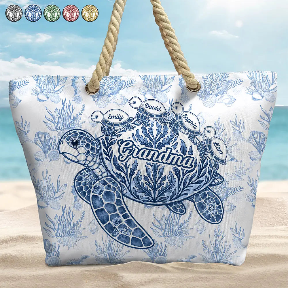 Gift For Grandma, Summer, Adorable, Icon - Turtle Grandma Mom And Kids - Personalized Beach Bag